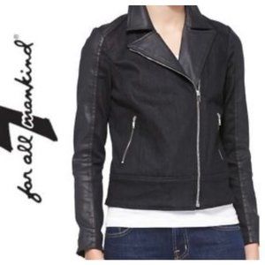 7 for All Mankind Black Denim Faux Leather Zip-up Moto Jacket size L